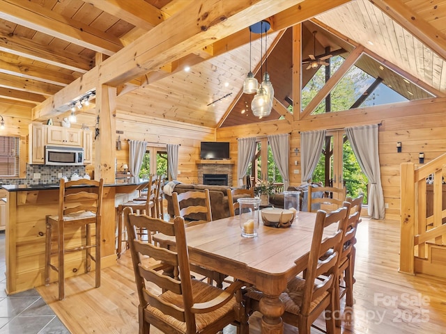 1526 Pisgah Preserve Dr Unit 7-8, Nebo, NC 28761 - dining space with wooden ceiling, wood walls, a stone fireplace, and light wood-style floors