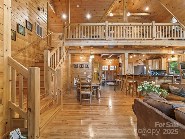 1526 Pisgah Preserve Dr Unit 7-8, Nebo, NC 28761 - living room featuring wooden walls, light wood finished floors, wood ceiling, stairway, and a high ceiling