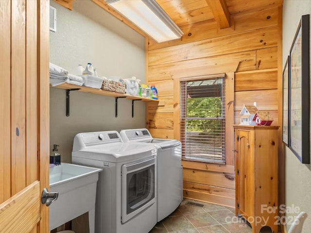 1526 Pisgah Preserve Dr Unit 7-8, Nebo, NC 28761 - washroom featuring separate washer and dryer, wooden walls, and tile patterned floors