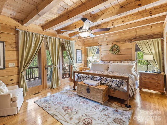 1526 Pisgah Preserve Dr Unit 7-8, Nebo, NC 28761 - bedroom with a wooden ceiling with exposed beams, wood walls, wood finished floors, and access to exterior