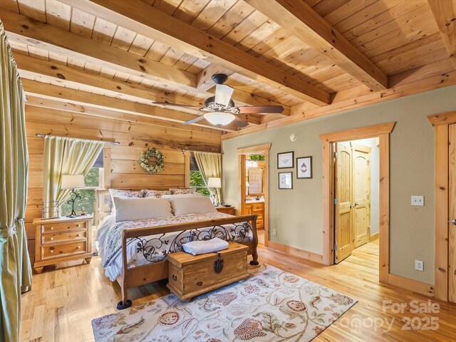 1526 Pisgah Preserve Dr Unit 7-8, Nebo, NC 28761 - bedroom featuring a wooden ceiling with exposed beams, light wood-type flooring, and connected bathroom