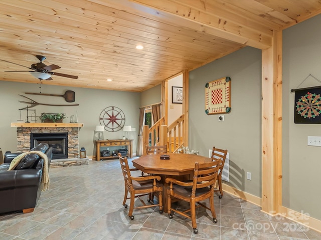 1526 Pisgah Preserve Dr Unit 7-8, Nebo, NC 28761 - dining space with stairs, wood ceiling, a ceiling fan, tile patterned floors, and a fireplace