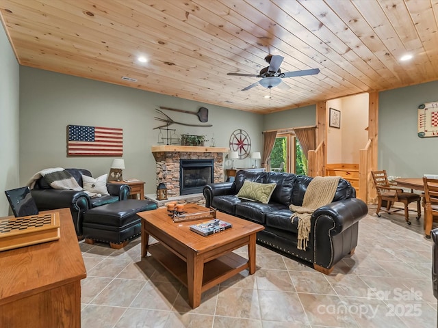 1526 Pisgah Preserve Dr Unit 7-8, Nebo, NC 28761 - living room with ceiling fan, light tile patterned floors, wood ceiling, a fireplace, and recessed lighting