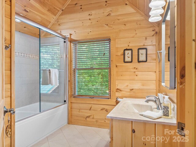 1526 Pisgah Preserve Dr Unit 7-8, Nebo, NC 28761 - bathroom featuring vanity, tile patterned floors, wooden walls, bath / shower combo with glass door, and wooden ceiling