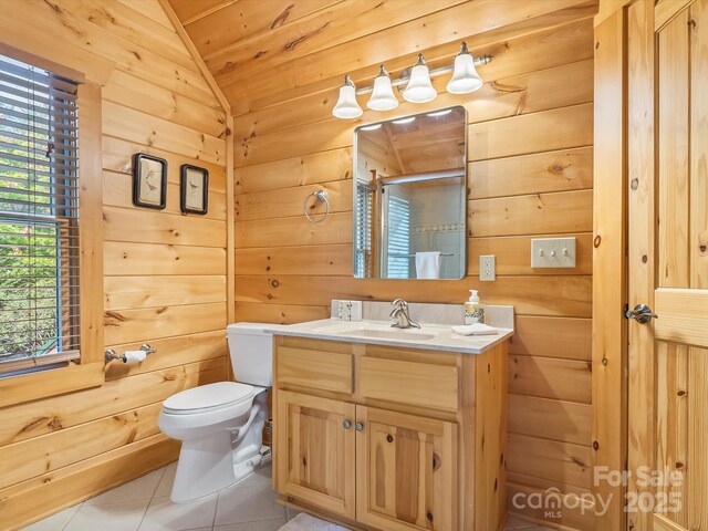 1526 Pisgah Preserve Dr Unit 7-8, Nebo, NC 28761 - full bathroom with tile patterned floors, vaulted ceiling, vanity, wooden walls, and a shower stall