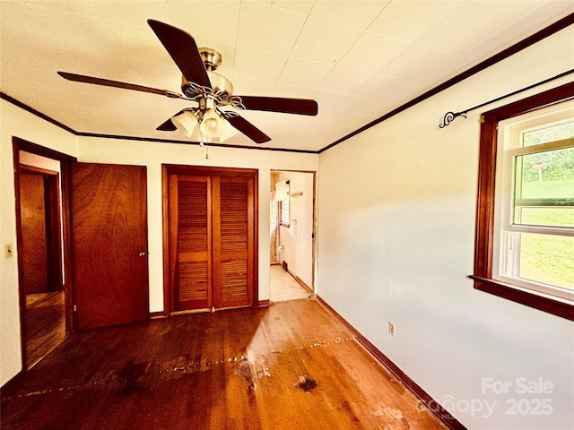 135 Smathers St, Clyde, NC 28721 - unfurnished bedroom featuring crown molding, wood finished floors, multiple windows, multiple closets, and baseboards