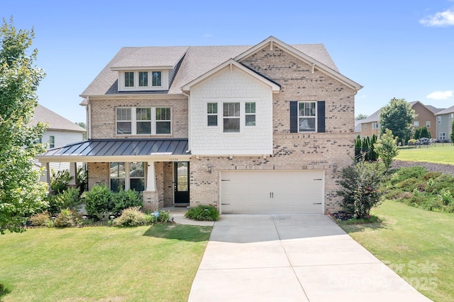 16324 Loch Raven Rd, Huntersville, NC 28078 - view of front of home featuring brick siding, a garage, a front yard, concrete driveway, and a standing seam roof