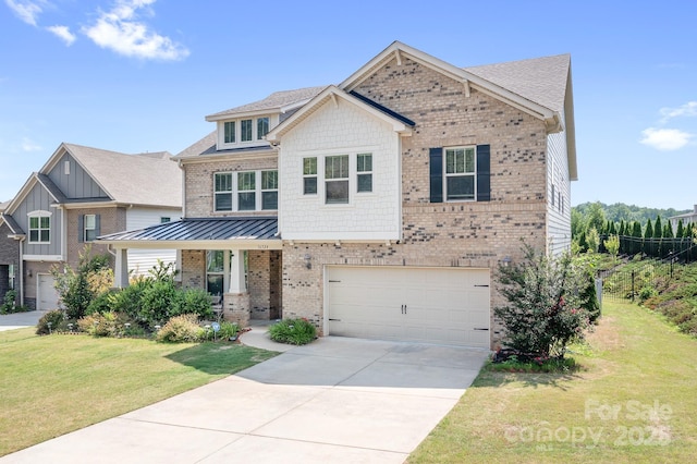16324 Loch Raven Rd, Huntersville, NC 28078 - craftsman house featuring a garage, a front lawn, driveway, brick siding, and a porch