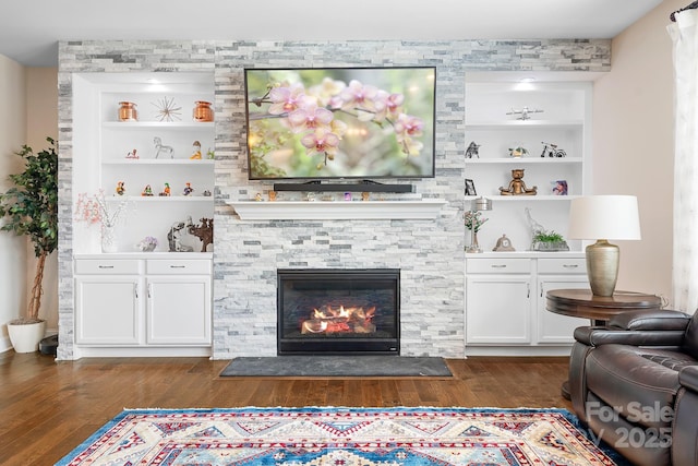 16324 Loch Raven Rd, Huntersville, NC 28078 - living room with dark wood-style flooring, a fireplace, and built in shelves
