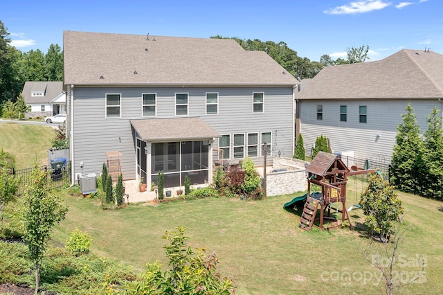 16324 Loch Raven Rd, Huntersville, NC 28078 - rear view of house featuring a sunroom, a playground, and roof with shingles