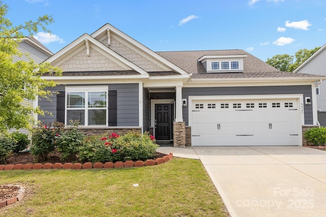 4427 Poplin Grove Dr, Indian Trail, NC 28079 - craftsman inspired home featuring stone siding, concrete driveway, a garage, a front lawn, and a shingled roof