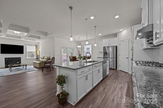 4427 Poplin Grove Dr, Indian Trail, NC 28079 - kitchen featuring extractor fan, a sink, stainless steel appliances, open floor plan, and coffered ceiling