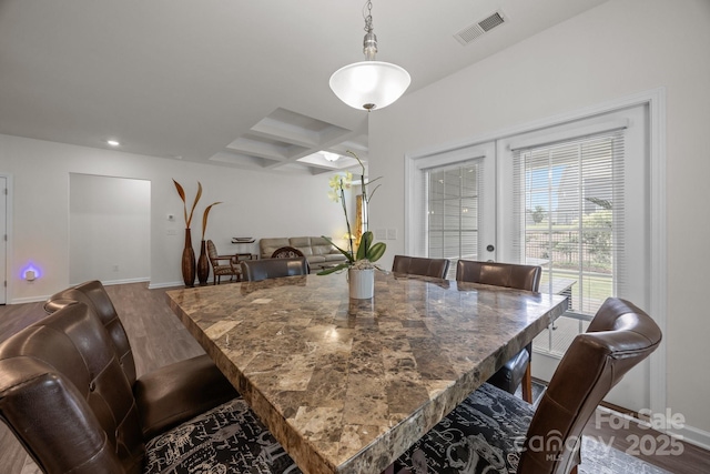 4427 Poplin Grove Dr, Indian Trail, NC 28079 - dining room with coffered ceiling, beamed ceiling, baseboards, recessed lighting, and wood finished floors