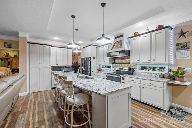 381 US-70 Hwy, Black Mountain, NC 28711 - kitchen featuring custom exhaust hood, stainless steel electric range, ornamental molding, a sink, and fridge with ice dispenser