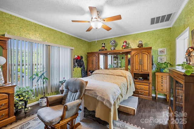 381 US-70 Hwy, Black Mountain, NC 28711 - bedroom with dark wood-style floors, wallpapered walls, multiple windows, ornamental molding, and a textured ceiling