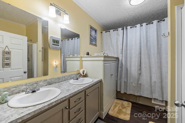 381 US-70 Hwy, Black Mountain, NC 28711 - full bathroom featuring ornamental molding, a textured ceiling, double vanity, and wood finished floors