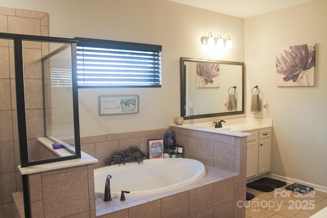 858 Oak Manor Dr SE, Concord, NC 28025 - full bath featuring vanity, a garden tub, a tile shower, and tile patterned floors