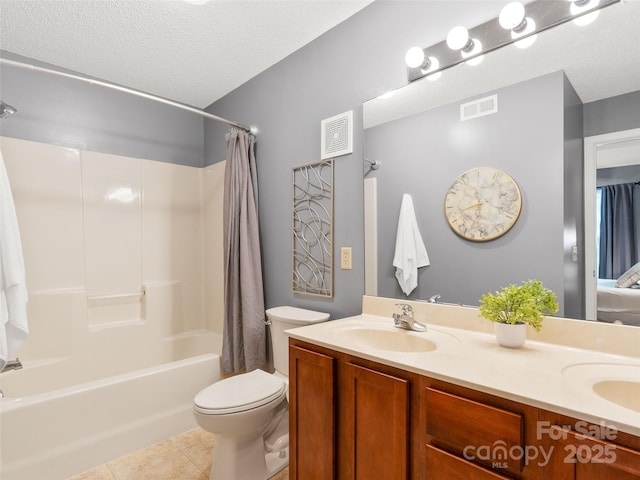 91 Morningside Ln, Hendersonville, NC 28792 - full bathroom with tile patterned floors, shower / bath combo, double vanity, and a textured ceiling