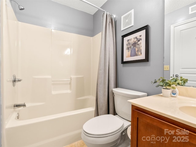 91 Morningside Ln, Hendersonville, NC 28792 - bathroom with shower / bath combination with curtain, vanity, and a textured ceiling