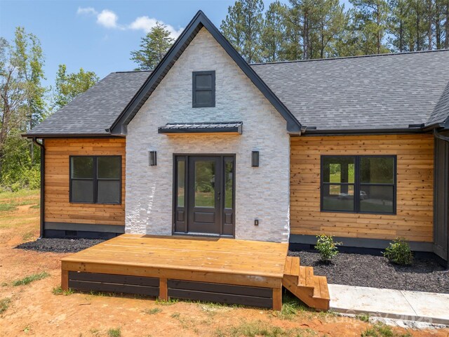 1872 Piney Mountain Church Rd, Bostic, NC 28018 - back of house featuring a deck, stone siding, and roof with shingles