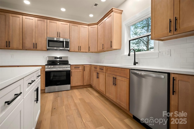 1872 Piney Mountain Church Rd, Bostic, NC 28018 - kitchen with appliances with stainless steel finishes, a sink, light wood finished floors, recessed lighting, and light countertops