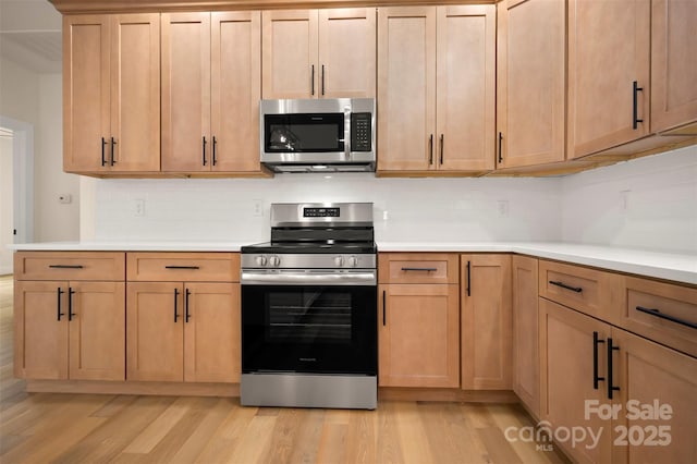 1872 Piney Mountain Church Rd, Bostic, NC 28018 - kitchen featuring stainless steel appliances, light wood-style floors, backsplash, and light countertops
