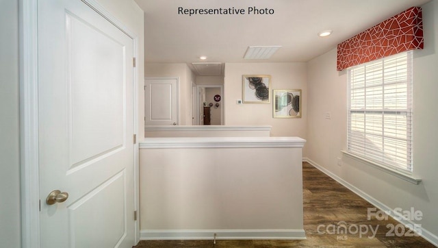 1342 37th Avenue Ln NE, Hickory, NC 28601 - hall with attic access, dark wood finished floors, baseboards, and recessed lighting