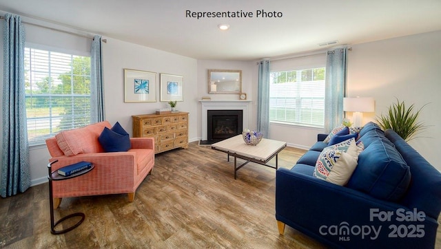 3748 13th St NE, Hickory, NC 28601 - living area with wood finished floors, a glass covered fireplace, and baseboards