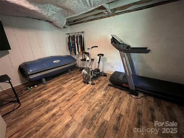 340 Cherry Mountain St, Forest City, NC 28043 - exercise room featuring wood finished floors and concrete block wall