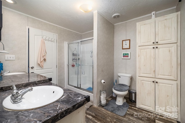 251 Birch Tree Rd, Clover, SC 29710 - full bath with wood finished floors, crown molding, a stall shower, vanity, and a textured ceiling