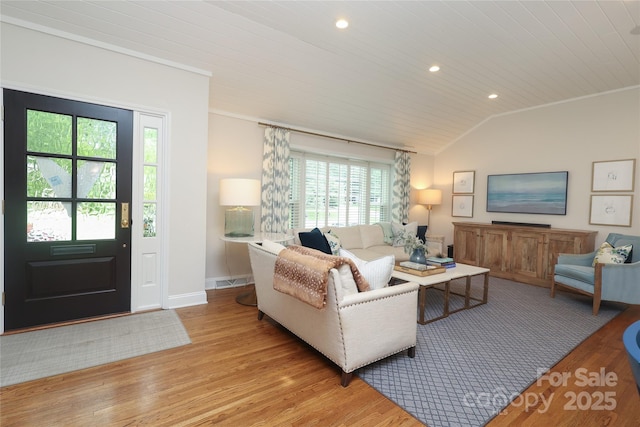 4126 Tyndale Ave, Charlotte, NC 28210 - living area featuring light wood-type flooring, lofted ceiling, recessed lighting, crown molding, and wood ceiling