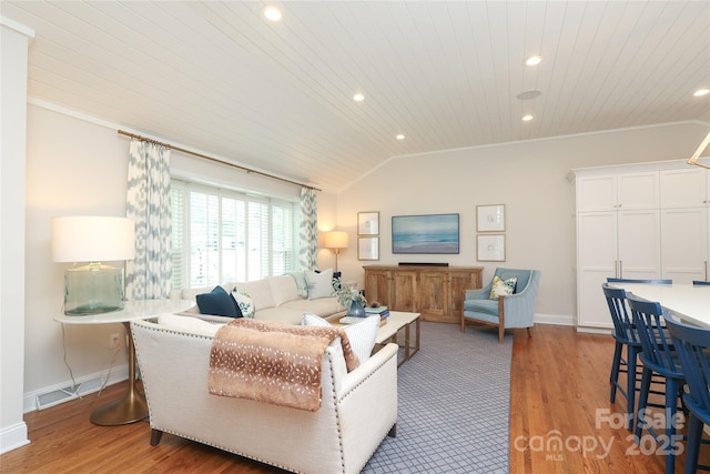 4126 Tyndale Ave, Charlotte, NC 28210 - living room featuring light wood-style flooring, vaulted ceiling, recessed lighting, wooden ceiling, and crown molding