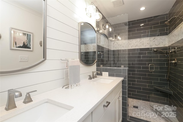 4126 Tyndale Ave, Charlotte, NC 28210 - full bathroom featuring a stall shower, double vanity, and recessed lighting