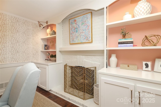 4126 Tyndale Ave, Charlotte, NC 28210 - office area featuring dark wood-type flooring, crown molding, and wallpapered walls