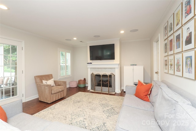 4126 Tyndale Ave, Charlotte, NC 28210 - living room with wood finished floors, ornamental molding, healthy amount of natural light, a fireplace with flush hearth, and recessed lighting