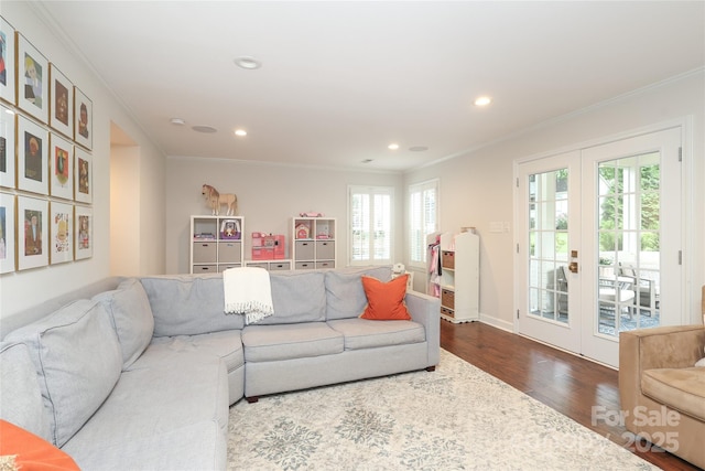 4126 Tyndale Ave, Charlotte, NC 28210 - living area with french doors, crown molding, dark wood-type flooring, plenty of natural light, and recessed lighting