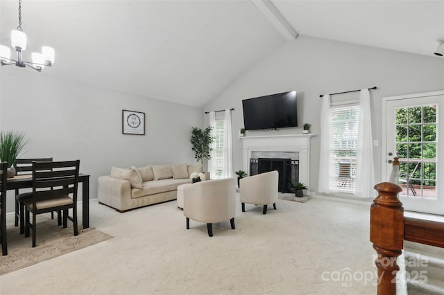 2308 Blair House Ct, Charlotte, NC 28270 - living room with a chandelier, carpet, beamed ceiling, plenty of natural light, and a high end fireplace