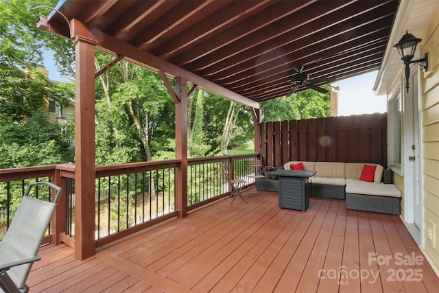 2308 Blair House Ct, Charlotte, NC 28270 - wooden deck with an outdoor hangout area and a ceiling fan