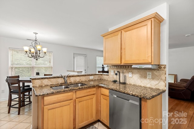 9236 Clifton Meadow Dr, Matthews, NC 28105 - kitchen featuring stainless steel dishwasher, tasteful backsplash, dark stone counters, a peninsula, and a chandelier