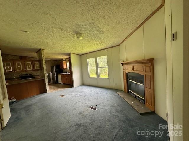 5587 Doe Ct, Morganton, NC 28655 - unfurnished living room featuring a textured ceiling, carpet flooring, and a glass covered fireplace