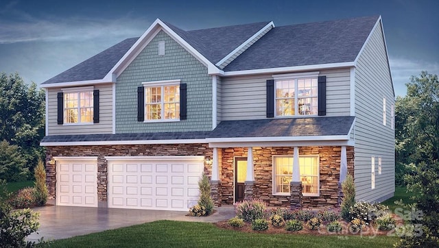 145 Apple Orchard Ct, Statesville, NC 28677 - craftsman-style home with stone siding, an attached garage, covered porch, and driveway