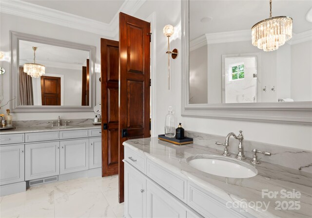 8500 Longview Club Dr, Waxhaw, NC 28173 - full bath with a chandelier, crown molding, marble look tile flooring, and vanity