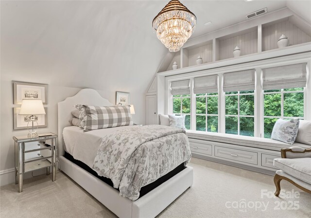 8500 Longview Club Dr, Waxhaw, NC 28173 - bedroom featuring lofted ceiling, light colored carpet, and a chandelier