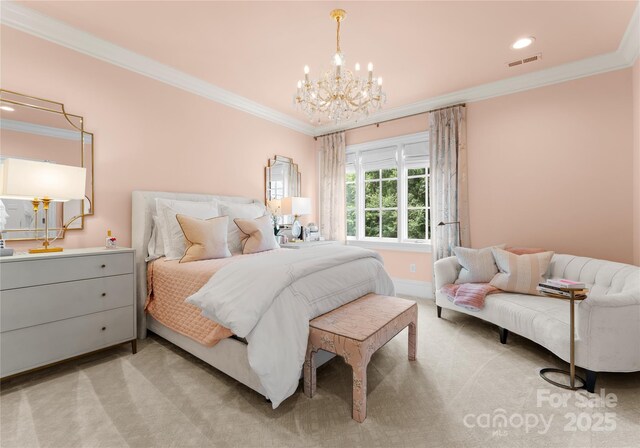 8500 Longview Club Dr, Waxhaw, NC 28173 - bedroom featuring light colored carpet, a chandelier, ornamental molding, and recessed lighting