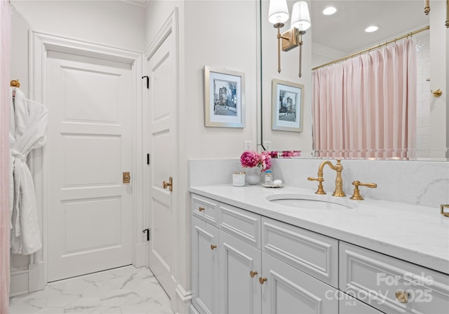 8500 Longview Club Dr, Waxhaw, NC 28173 - bathroom featuring vanity, recessed lighting, marble look tile flooring, and curtained shower