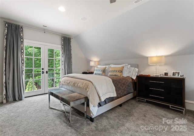 8500 Longview Club Dr, Waxhaw, NC 28173 - carpeted bedroom featuring access to outside, lofted ceiling, french doors, and recessed lighting