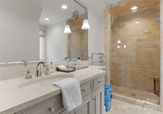 8500 Longview Club Dr, Waxhaw, NC 28173 - full bathroom with a shower stall, vanity, recessed lighting, and tile patterned floors
