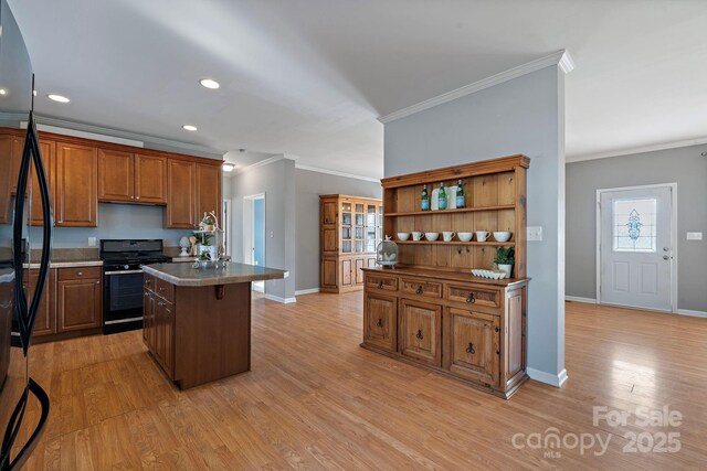 1285 Waitman Rd, Lexington, NC 27295 - kitchen with black range oven, crown molding, baseboards, light wood-type flooring, and a kitchen island