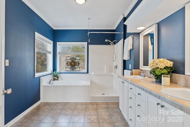 1285 Waitman Rd, Lexington, NC 27295 - bathroom with a garden tub, double vanity, ornamental molding, a shower, and tile patterned floors
