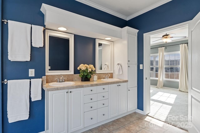 1285 Waitman Rd, Lexington, NC 27295 - full bathroom featuring double vanity, tile patterned flooring, ornamental molding, baseboards, and ceiling fan